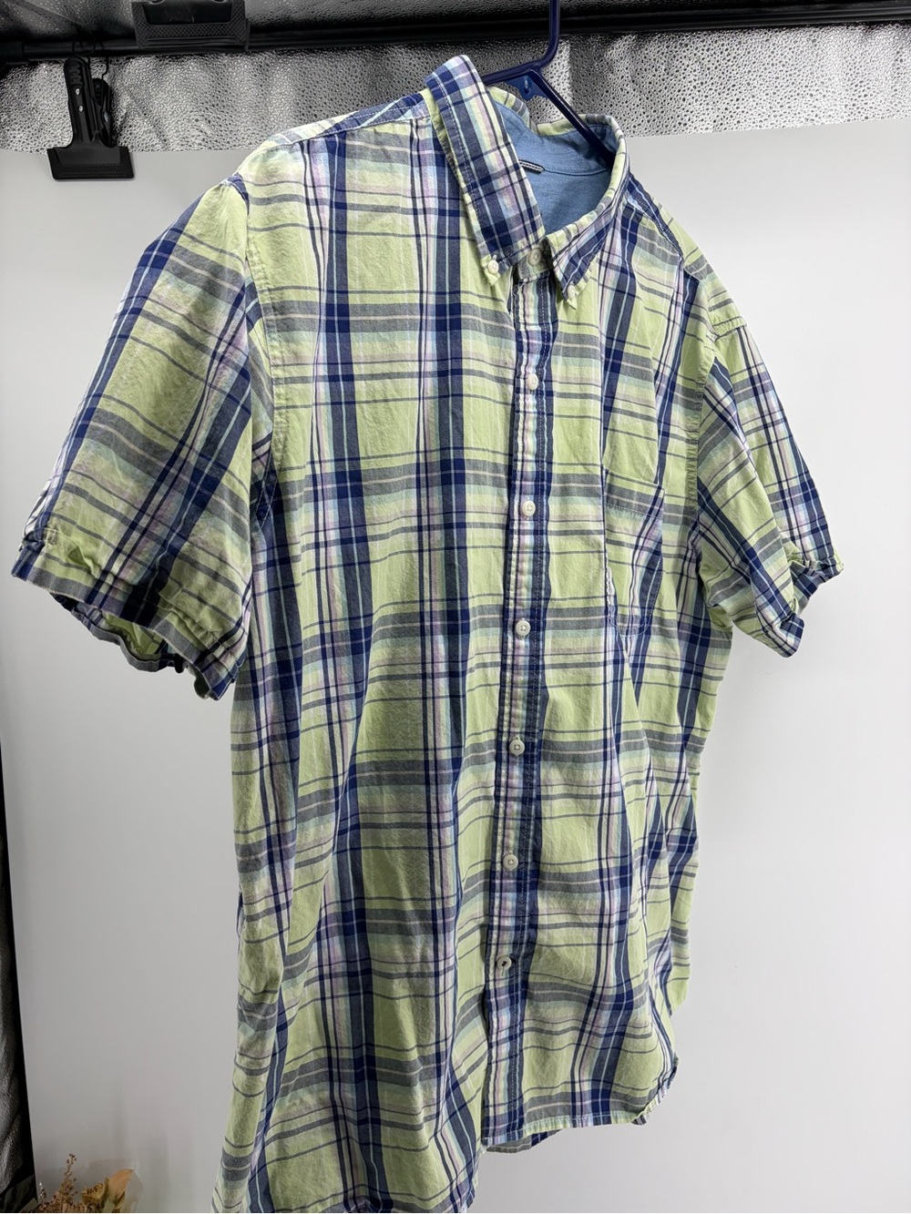 Izod Short-Sleeve Plaid Button-Down Shirt - Lime Green & Blue